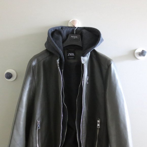 ZARA MAN DOUBLE ZIP LEATHER JACKET W/DETACHABLE HOOD - Picture 5 of 11